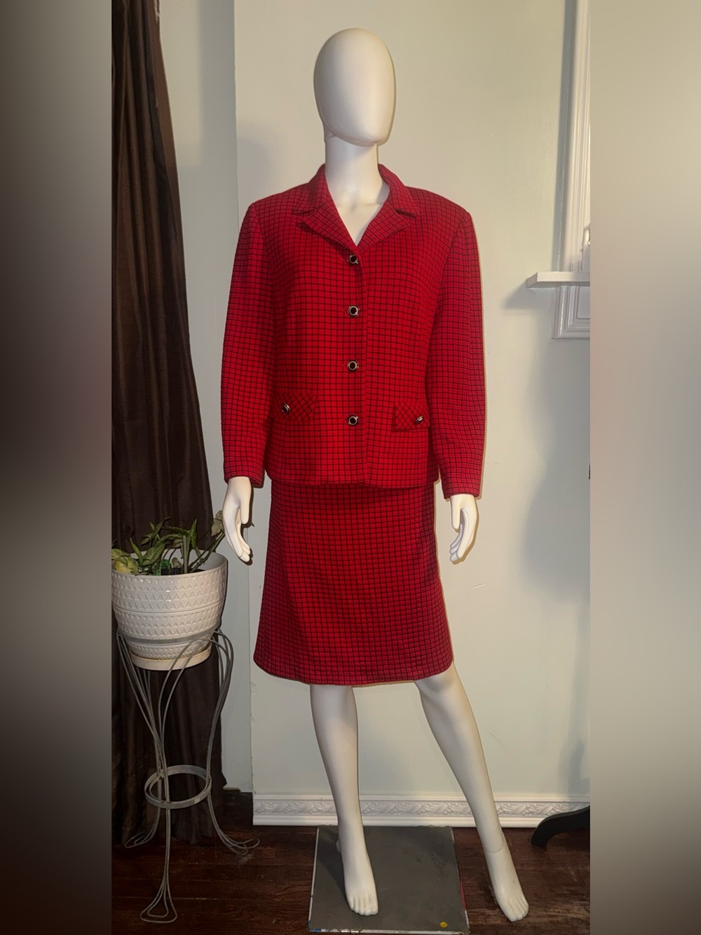 Women's Red Checked Two-Piece Blazer and Skirt Set